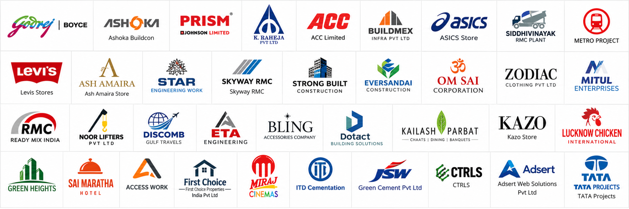 Client logo showcase: Godrej & Boyce, Ashoka Buildcon, PRISM Johnson, ACC Limited, TATA Projects, JSW Green Cement, Miraj Cinemas and Levi’s Stores